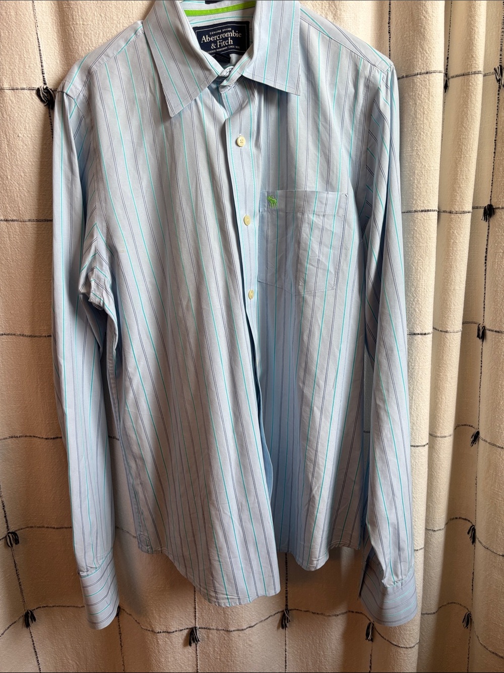 Abercrombie & Fitch Blue Button-Up with Green and White Pinstripes